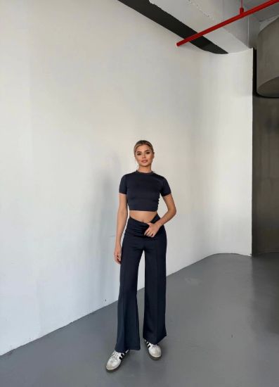 Osy Modal Yumuşak Dokulu Kumaş Kısa Kollu Crop Rahat Pantalon Ikili Takım - Füme resmi